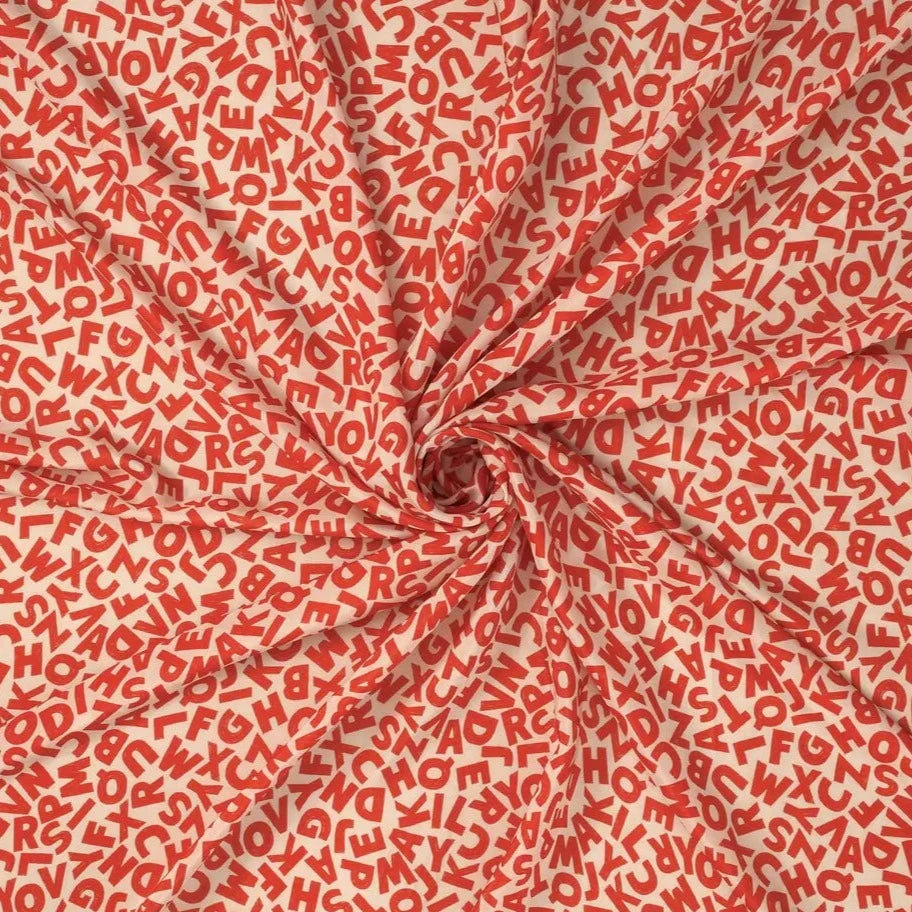 Red ABCD Pattern Digital Print Muslin Fabric