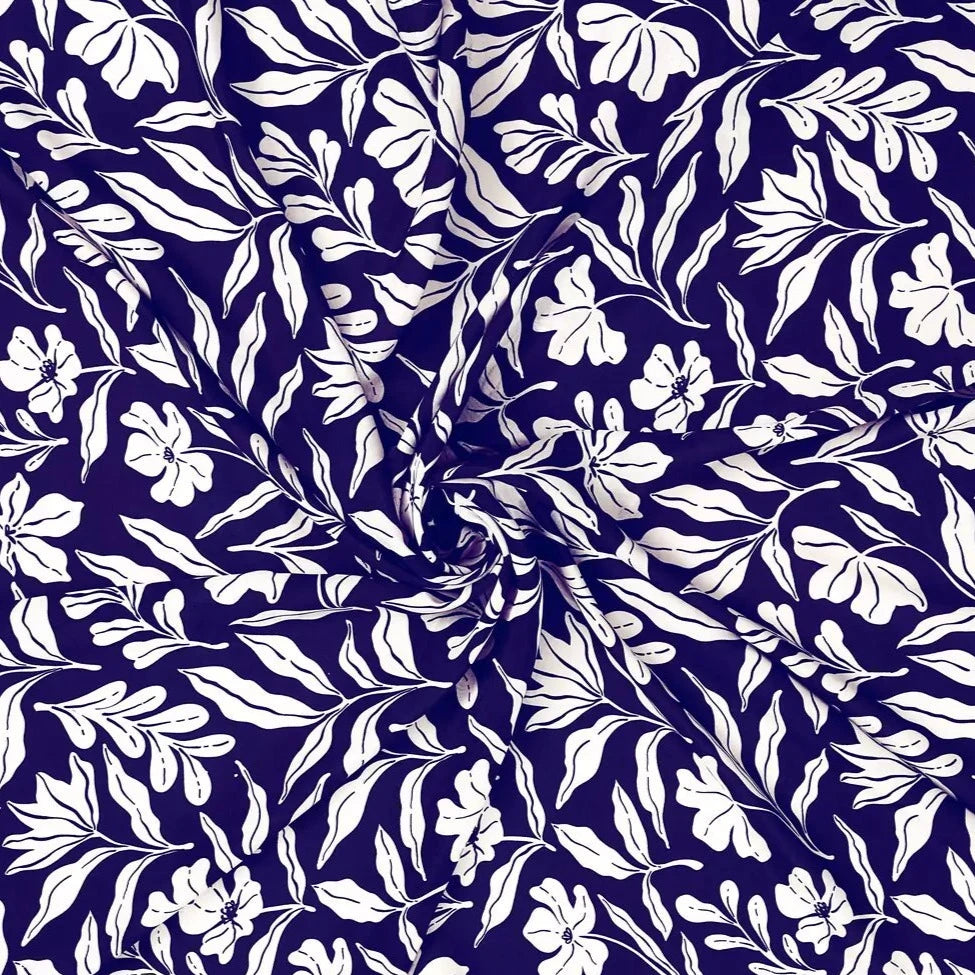 White Blue Flower & Leaf Pattern Digital Print Muslin Fabric