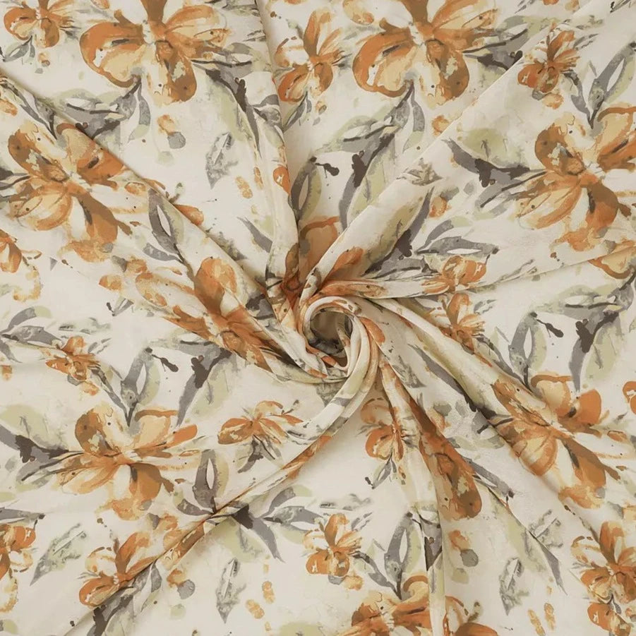 Brown Black Floral Digital Print Viscose Chinon Fabric