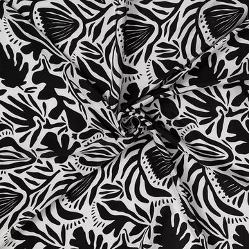 Black Flowers and Leaf Pattern Digital Print Natural Crepe Fabric