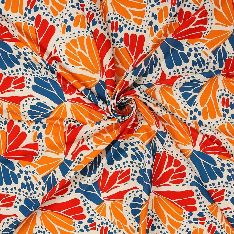 Orange Red & Blue Pattern Digital Print Muslin Fabric