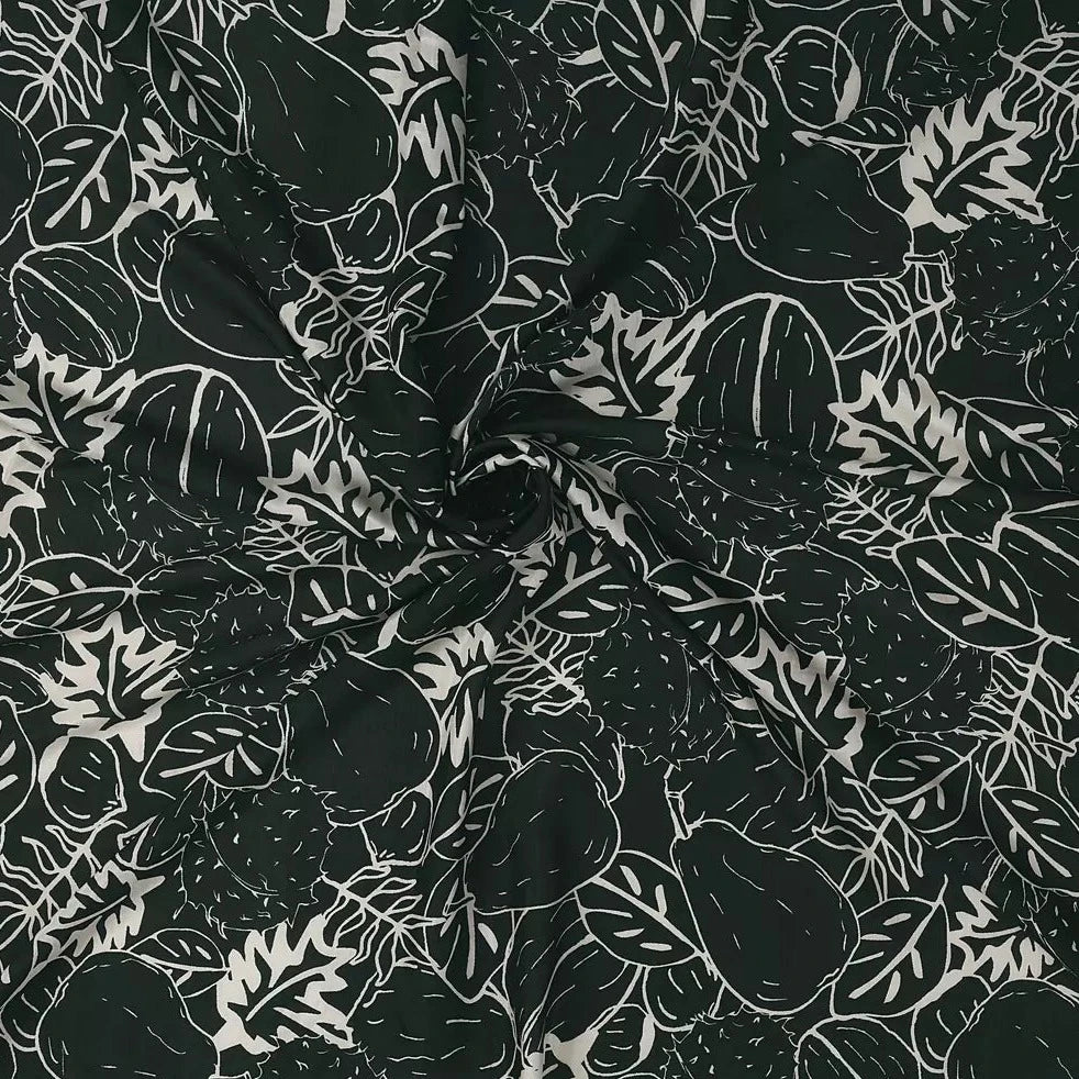 Green Leafs Fruits Pattern Digital Print Muslin Fabric