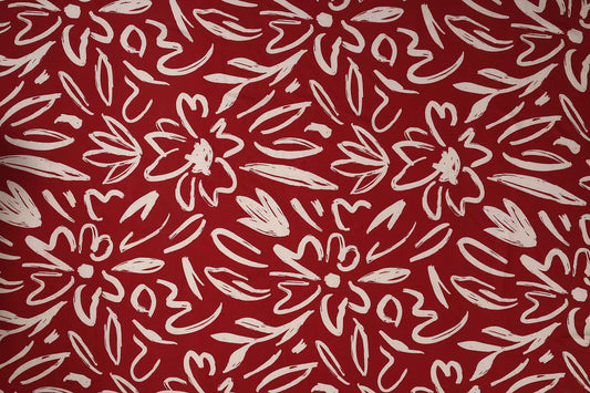 White Red Flower Pattern Digital Print Muslin Fabric