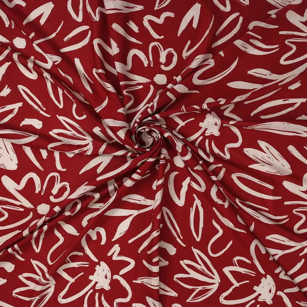 White Red Flower Pattern Digital Print Muslin Fabric