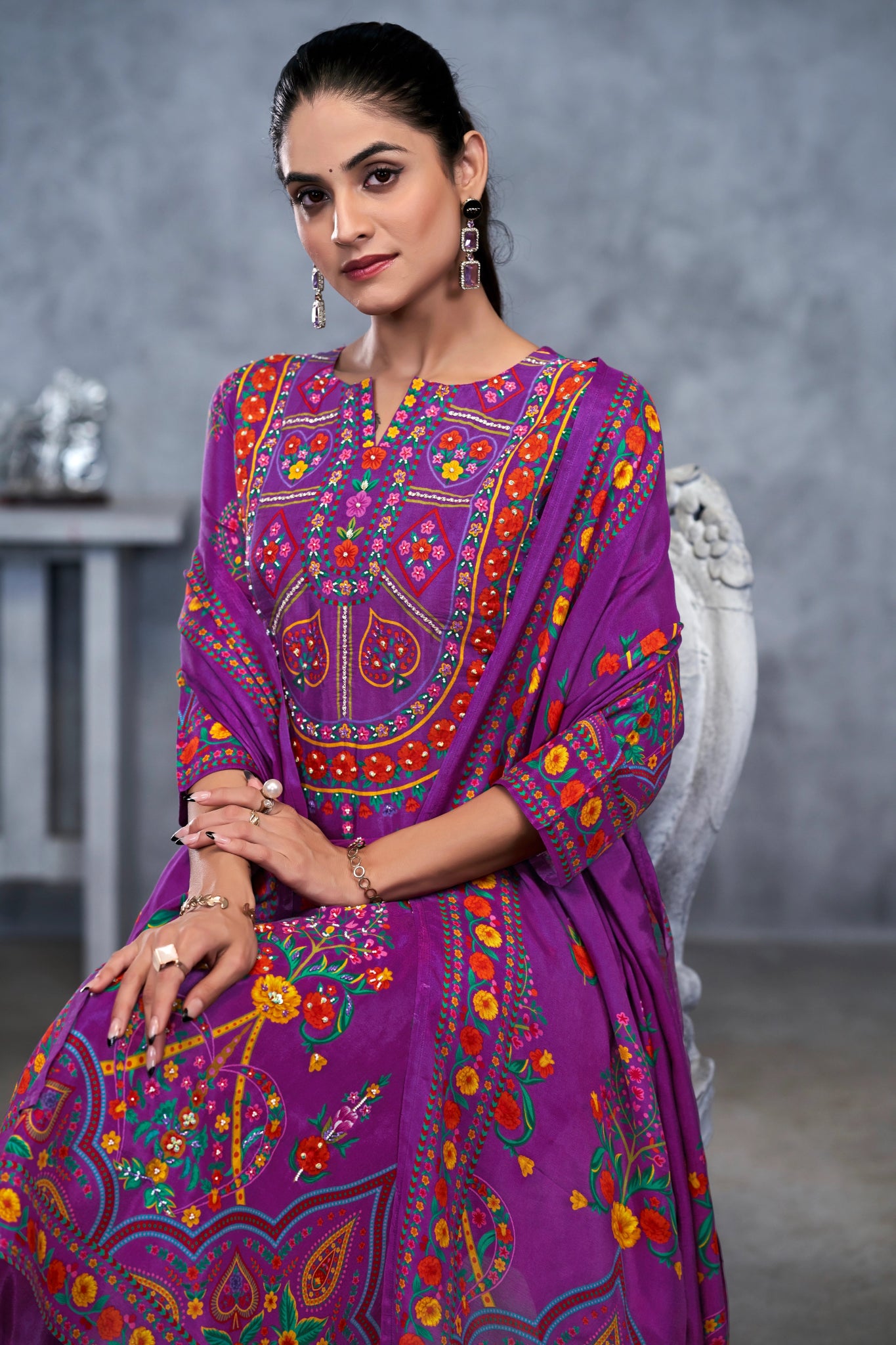 Lavender Suits With Handwork In Pure Viscose Muslin Fabric - Buy Premium Ethnic Wear Online at Avitra