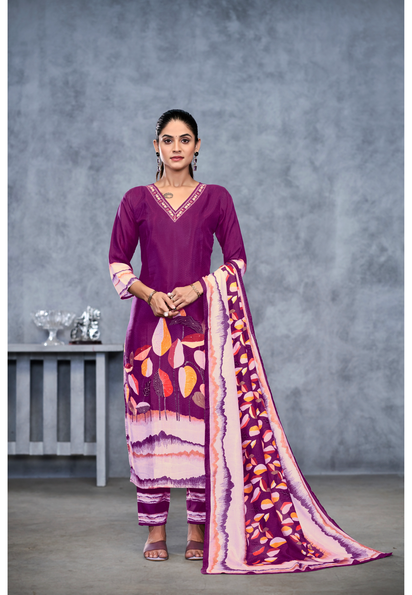 Lavender Suits With Nack Handwork In Pure Viscose Muslin Fabrics - Buy Premium Ethnic Wear Online at Avitra