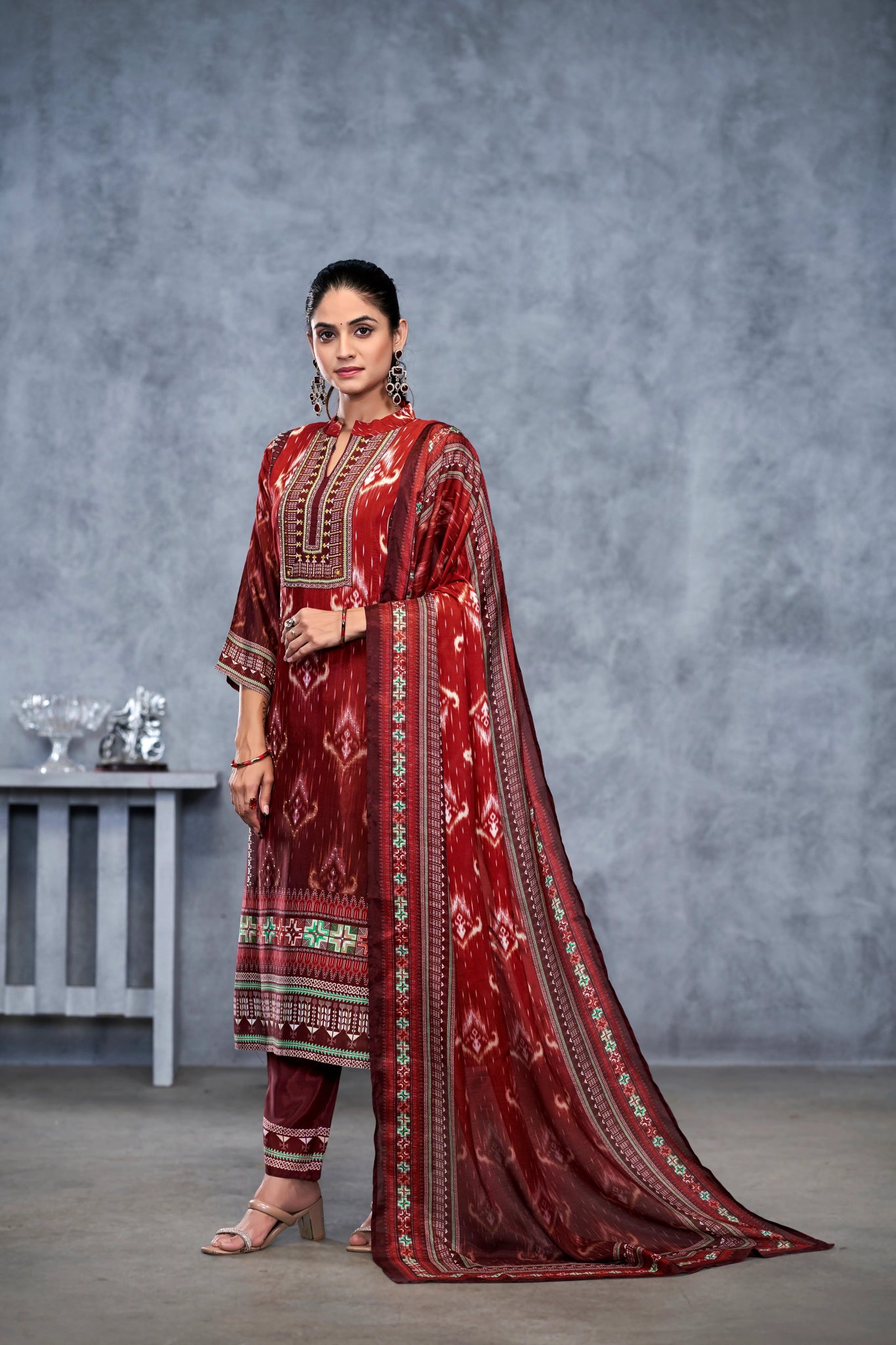 Maroon Suits With Nack Handwork In Pure Viscose Muslin Fabrics - Buy Premium Ethnic Wear Online at Avitra