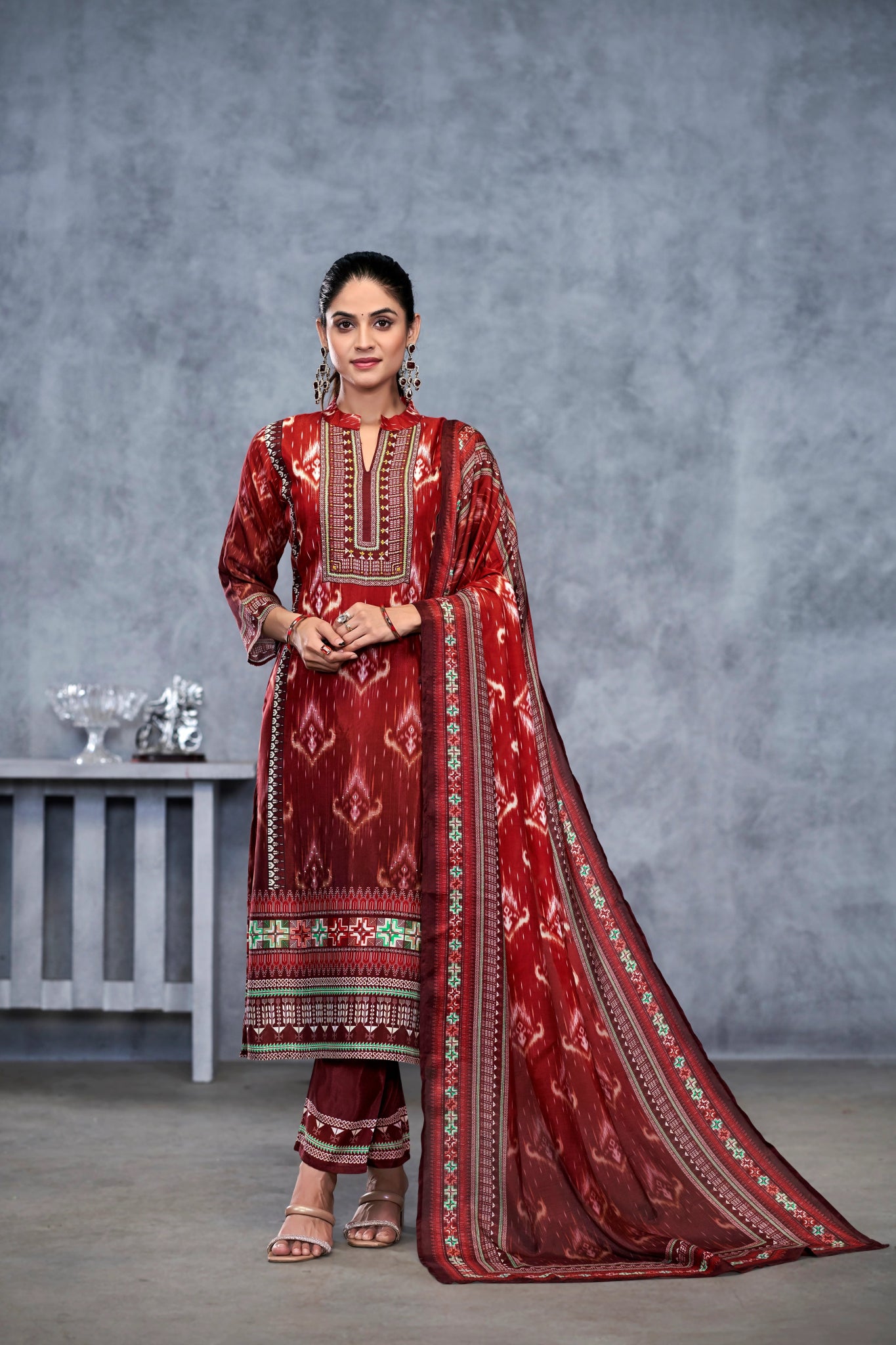 Maroon Suits With Nack Handwork In Pure Viscose Muslin Fabrics - Buy Premium Ethnic Wear Online at Avitra