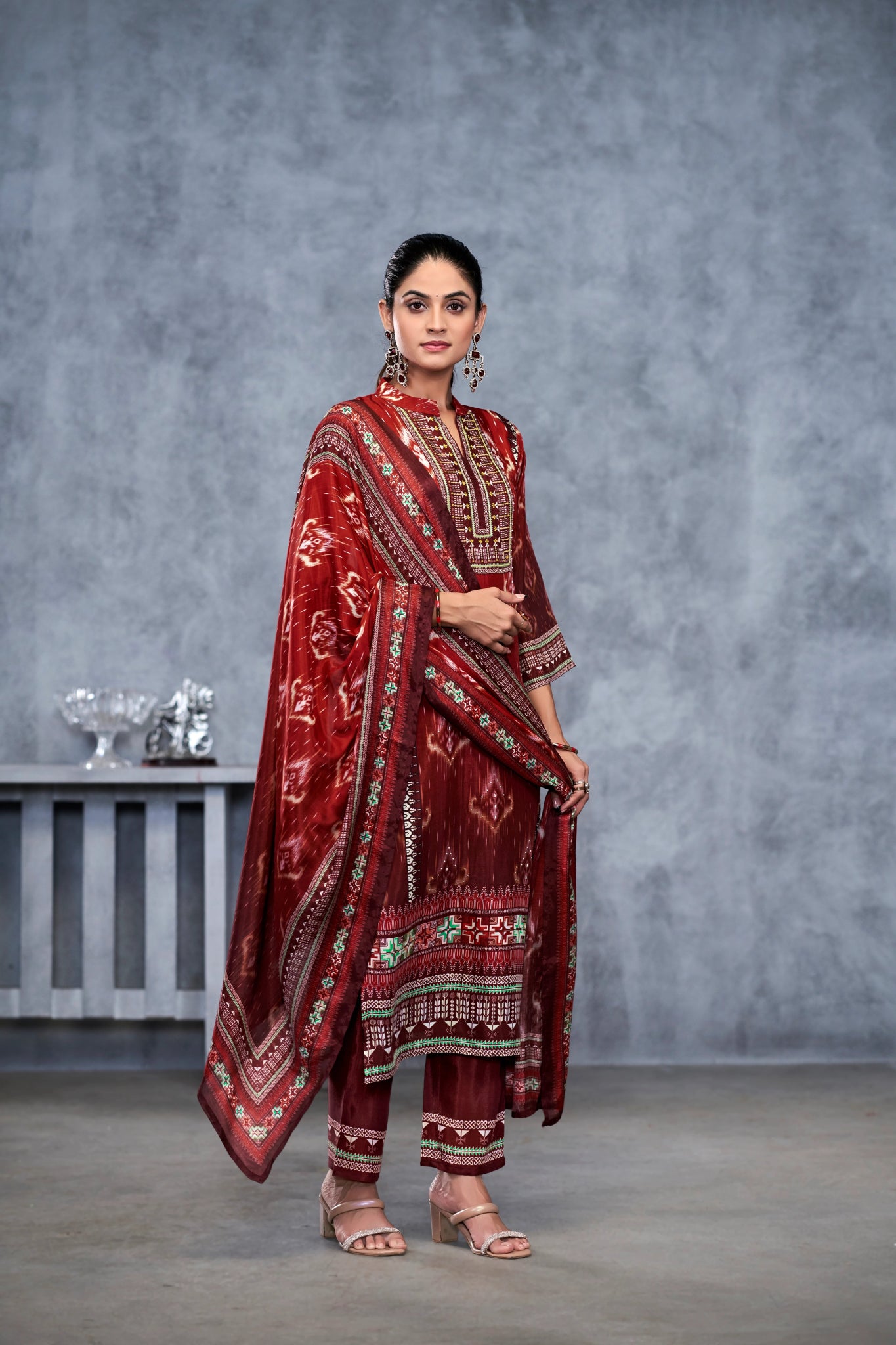 Maroon Suits With Nack Handwork In Pure Viscose Muslin Fabrics - Buy Premium Ethnic Wear Online at Avitra