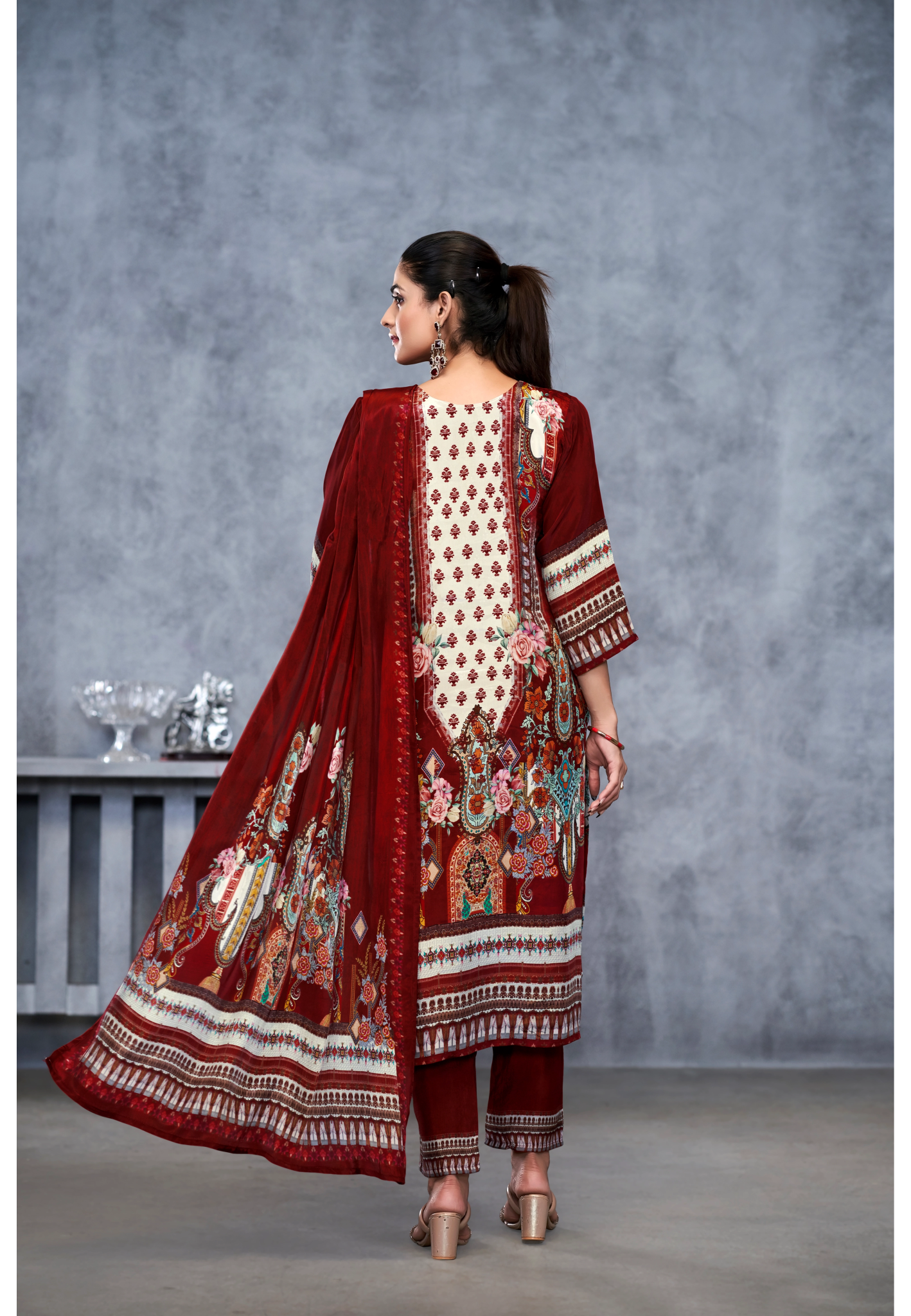 Maroon Suits With Nack Handwork In Pure Viscose Natural Crep Fabrics - Buy Premium Ethnic Wear Online at Avitra