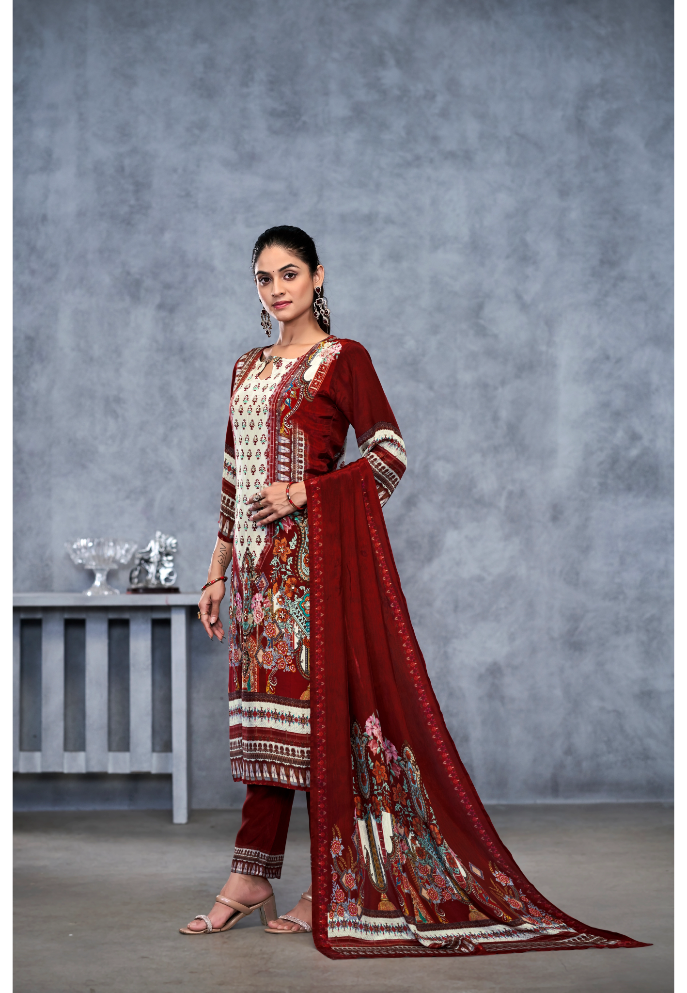 Maroon Suits With Nack Handwork In Pure Viscose Natural Crep Fabrics - Buy Premium Ethnic Wear Online at Avitra