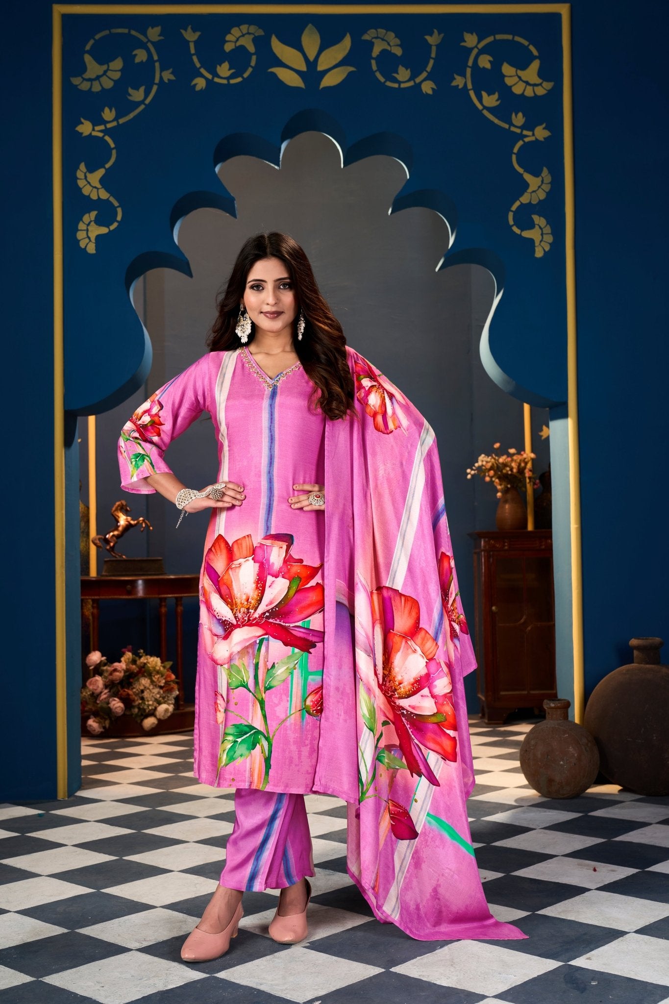 Pink lotus Suits With Handwork In Pure Muslin Fabrics - Buy Premium Ethnic Wear Online at Avitra