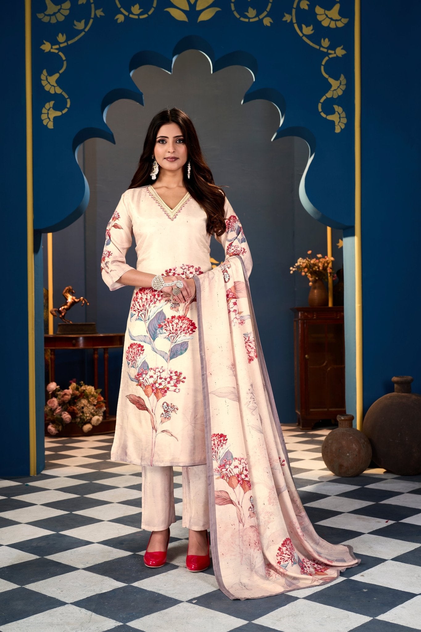 Red Flower Grey Leaves Suits With Handwork In Pure Muslin Fabrics - Buy Premium Ethnic Wear Online at Avitra