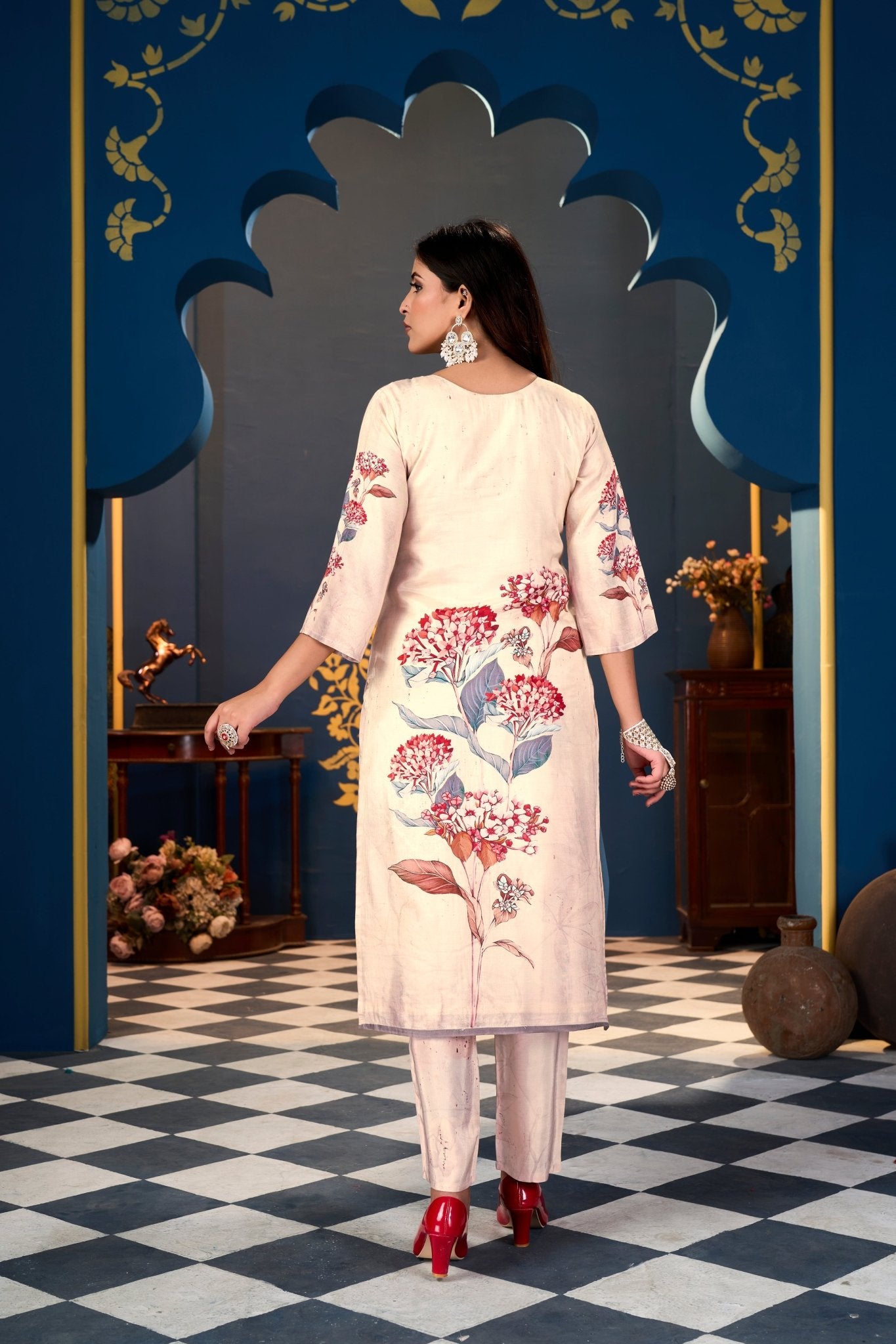 Red Flower Grey Leaves Suits With Handwork In Pure Muslin Fabrics - Buy Premium Ethnic Wear Online at Avitra