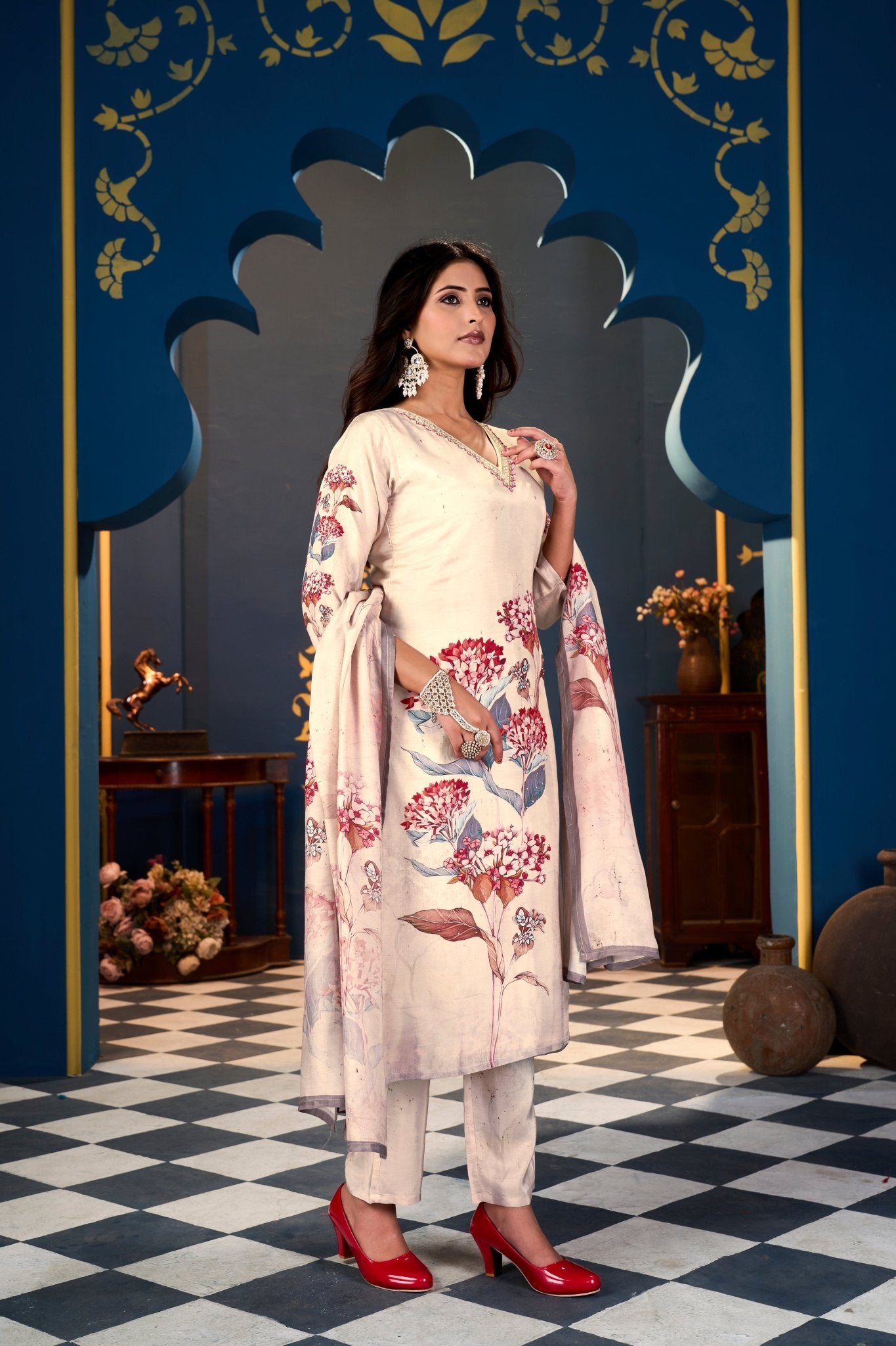Red Flower Grey Leaves Suits With Handwork In Pure Muslin Fabrics - Buy Premium Ethnic Wear Online at Avitra