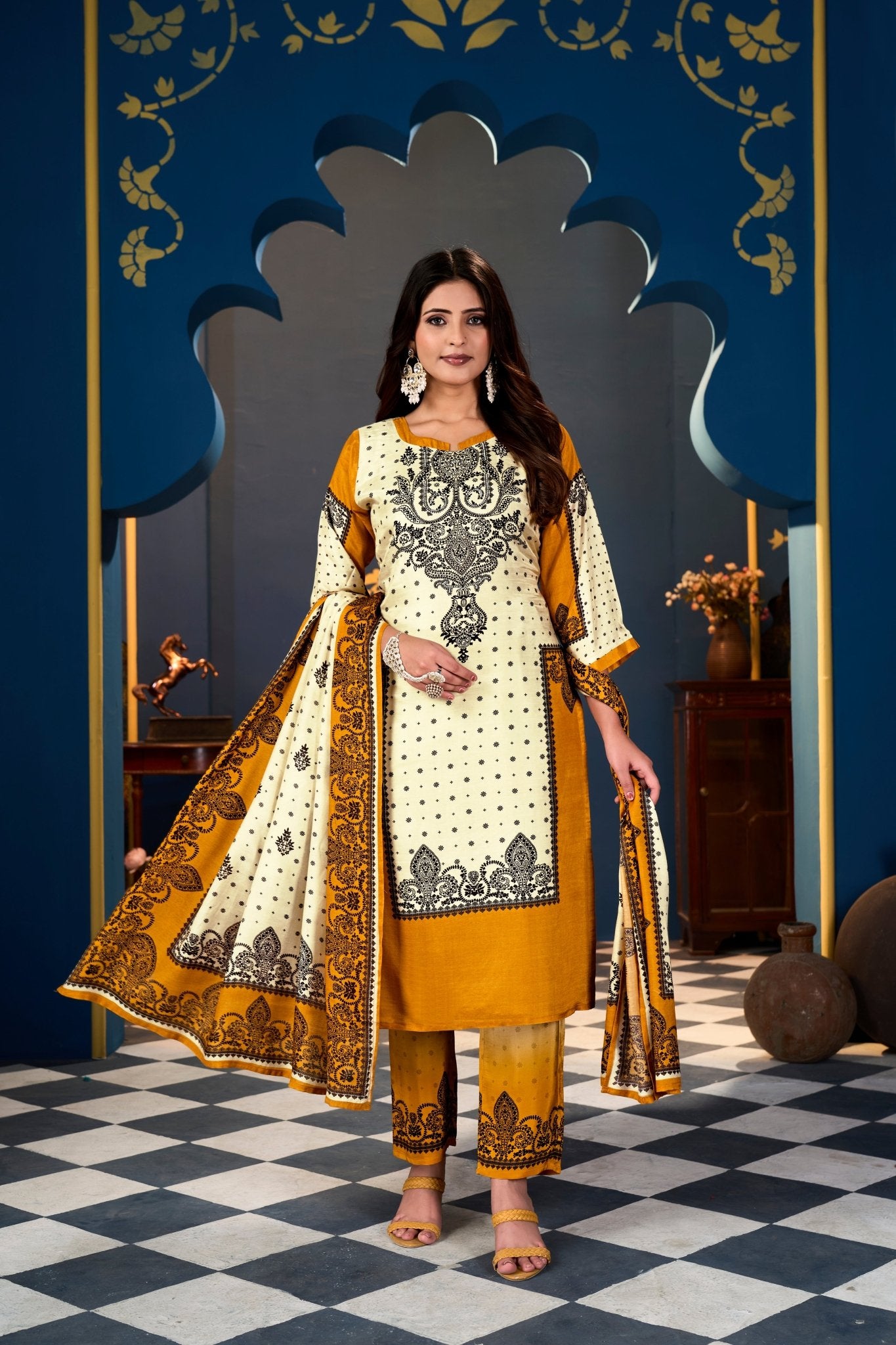 Yellow Cream Pakistani Suits With Handwork In Pure Muslin Fabrics - Buy Premium Ethnic Wear Online at Avitra